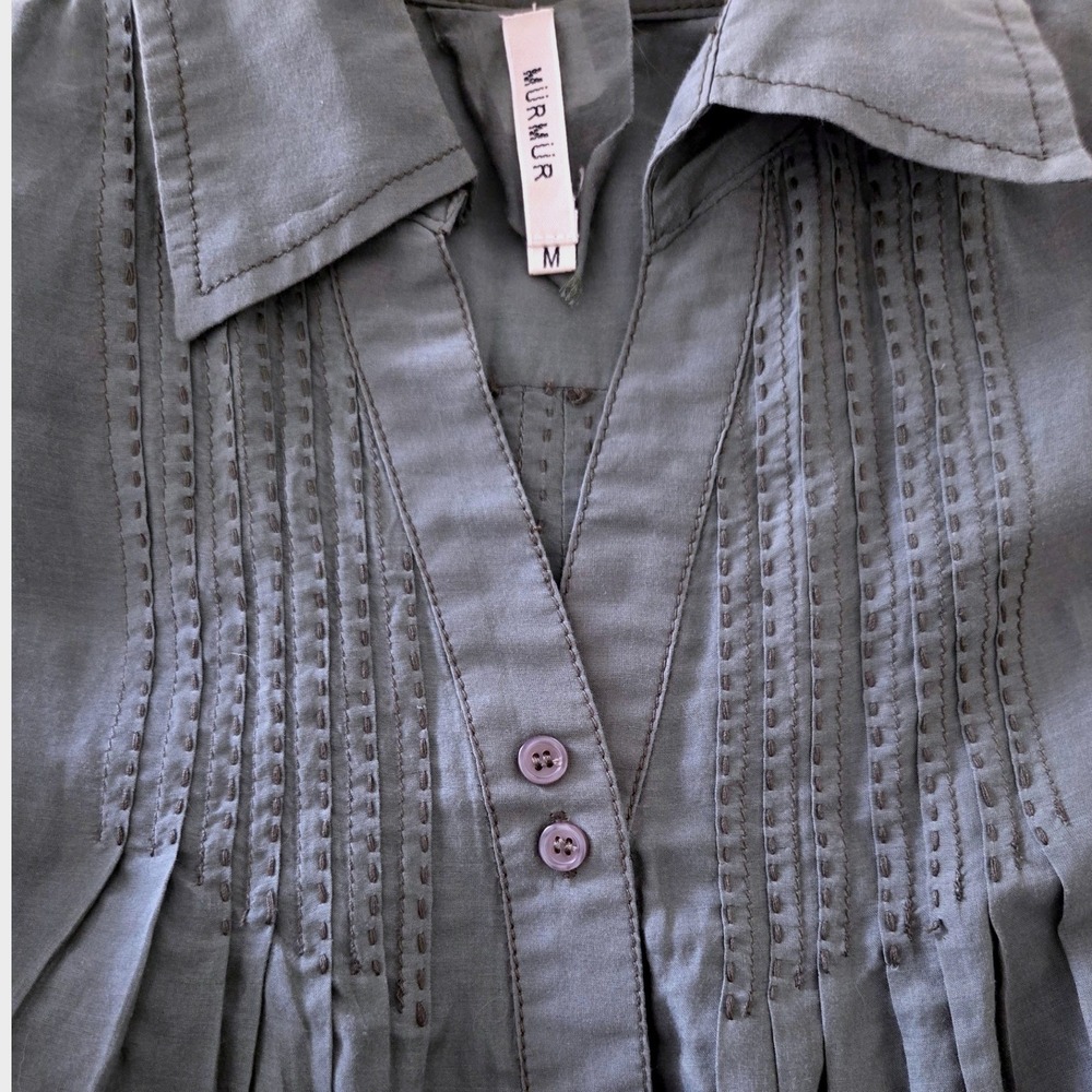 Murmur Olive Green Silk Cotton Blend Pintuck Long Tab Sleeves Button Blouse Sz M